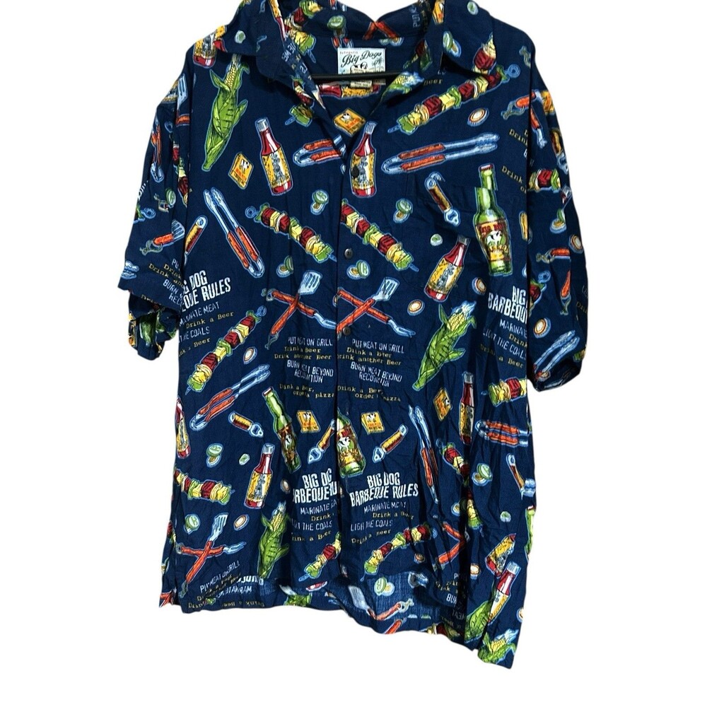 Big Dogs Barbeque Theme Blue Button Down Shirt Sz Large nostalgia, 80s whimsical